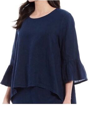 Bryn Walker Fran Linen Top Navy Blue Ruffle Bell Sleeve Tunic Size M
